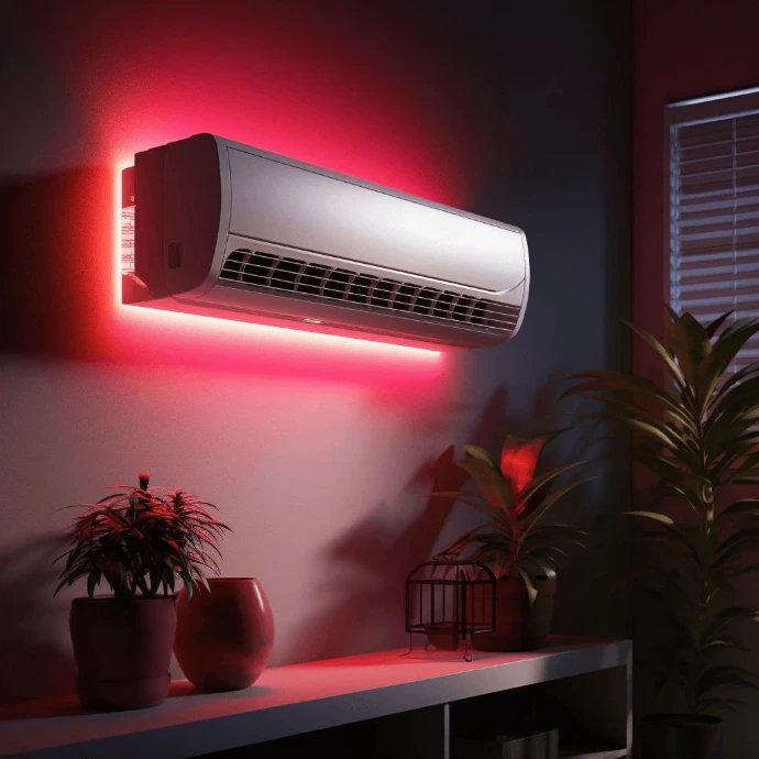 air conditioner in dark room with ambient red lighting